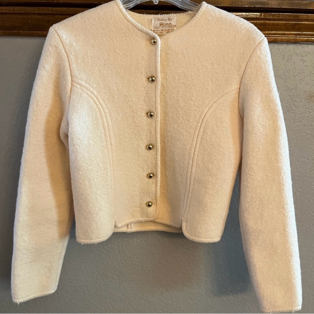 Vintage Tally-Ho Cream Boiled Wool Cardigan with Gold Buttons